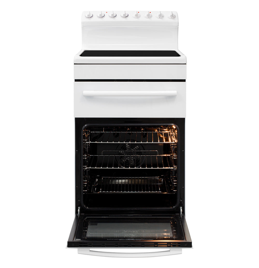 Freestanding white ceramic stove with 70L oven, 20L grill, six cooking functions, and modern Kiwi kitchen design.