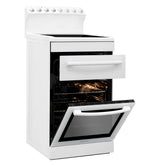 White 540mm freestanding stove with ceramic cooktop, 70L oven, and 20L grill drawer, ideal for modern kitchens.