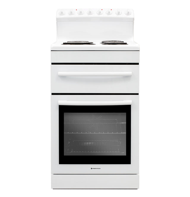 Freestanding white stove with 540mm radiant coil cooktop and 70L electric oven, featuring multiple cooking functions and a grill.