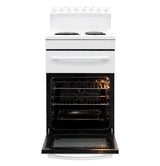 Freestanding white electric stove with 540mm radiant coil cooktop, 70L oven, 20L grill, and user-friendly controls.