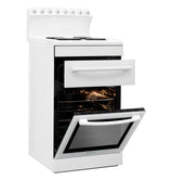 Freestanding white stove with 540mm radiant coil cooktop, 70L electric oven, and separate 20L grill drawer.