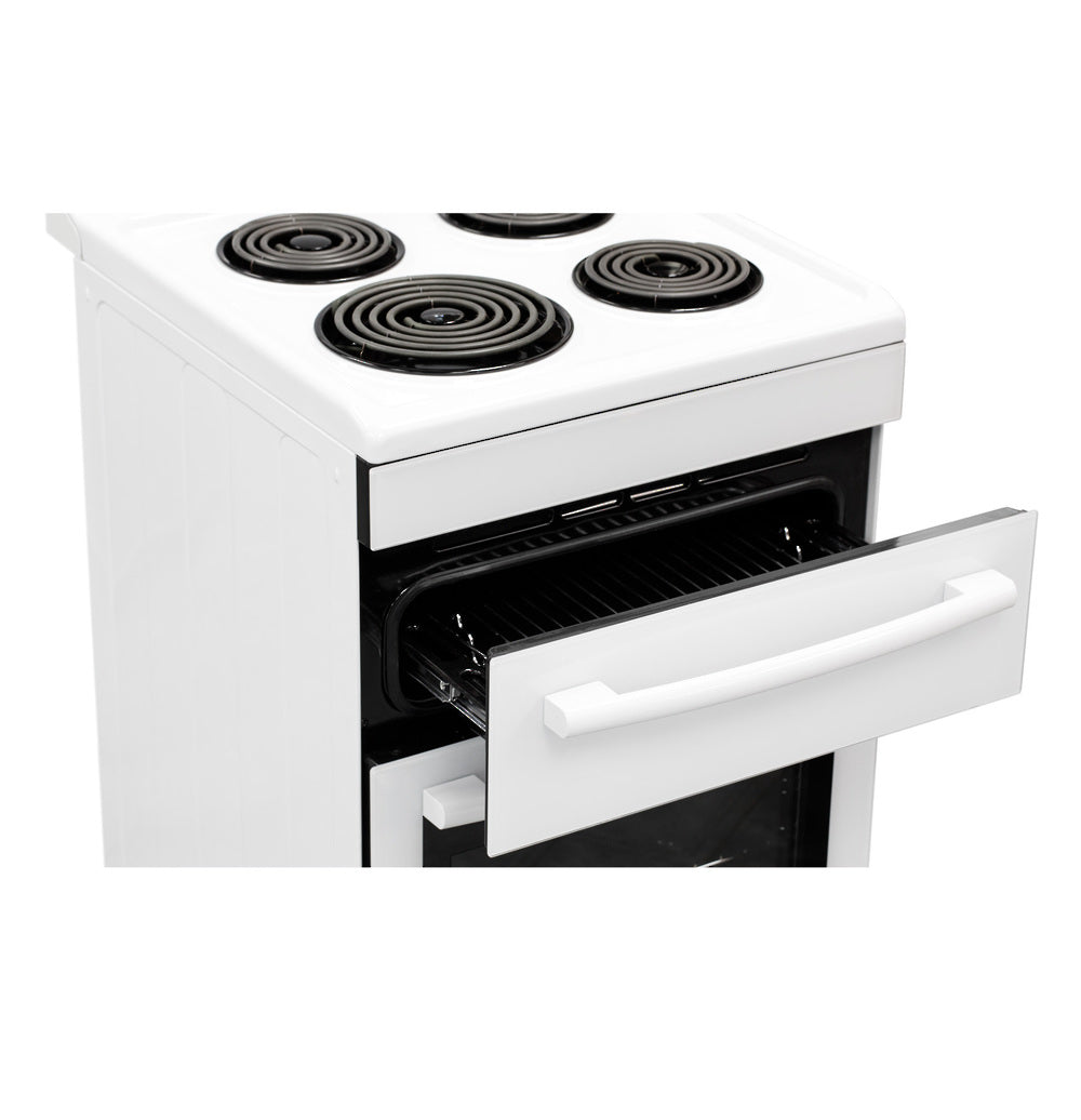 Freestanding white stove with 540mm radiant coil cooktop, 70L electric oven, and 6 cooking functions for versatile meals.