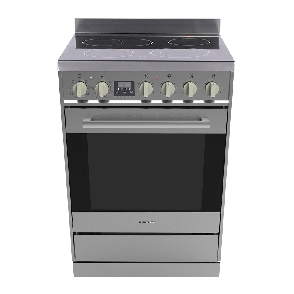 Stainless steel 600mm Parmco freestanding stove with ceramic cooktop, 76L oven, 8 functions, and digital timer for efficient cooking.