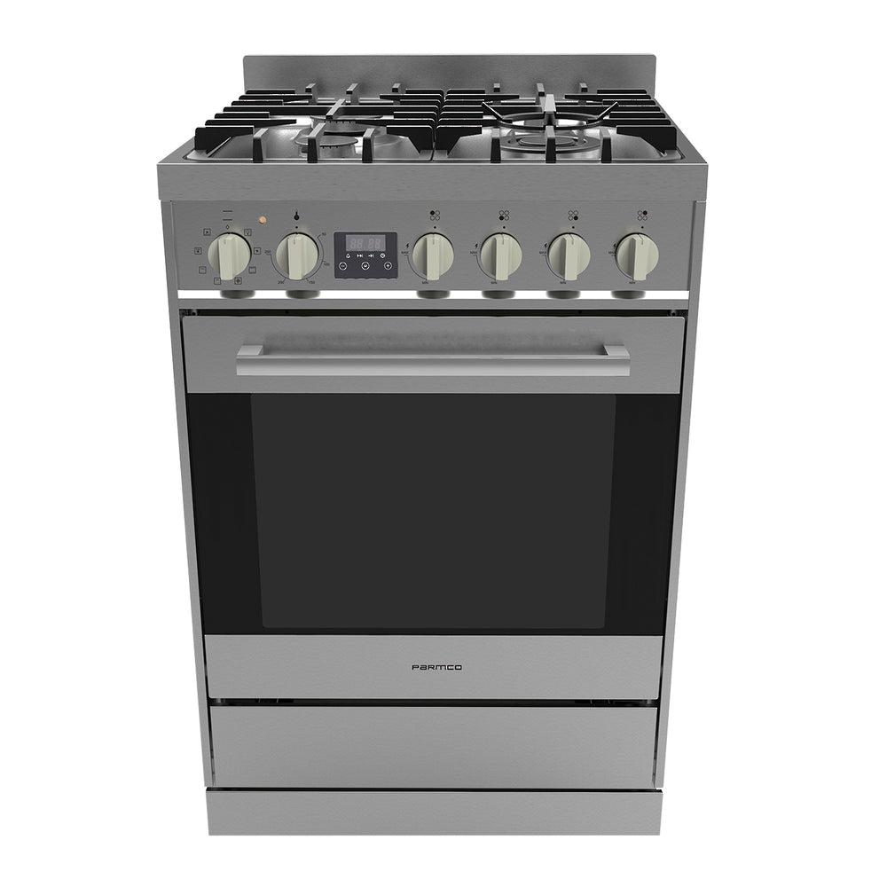 Stainless steel 600mm Parmco freestanding stove with 8 cooking functions, 76L capacity, gas burners, and self-cleaning features.