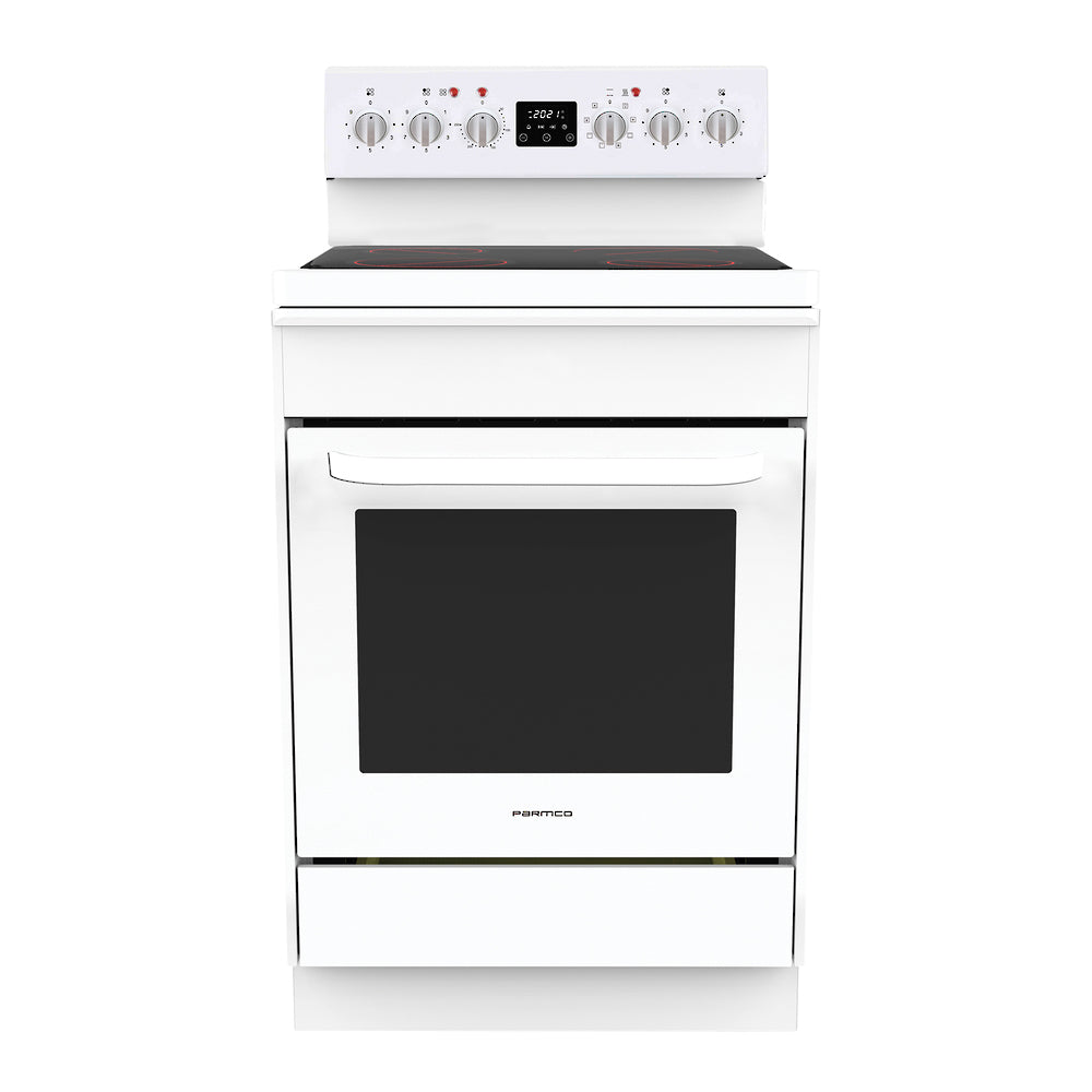 Freestanding white stove with 600mm ceramic cooktop and 76L multi-function electric oven for versatile cooking.