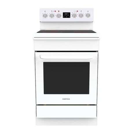 Freestanding white stove with 600mm ceramic cooktop and 76L multi-function electric oven for versatile cooking.