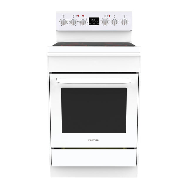 Freestanding white stove with 600mm ceramic cooktop and 76L multi-function electric oven for versatile cooking.