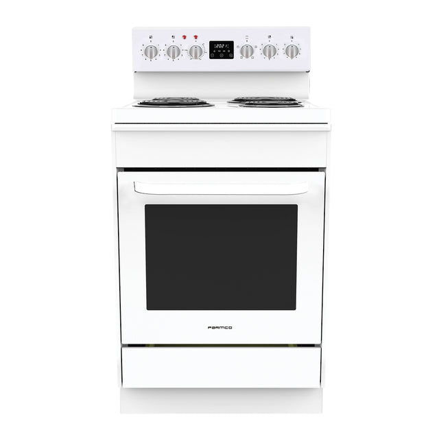 Alt text: "Parmco freestanding stove with 600mm radiant coil cooktop, 76L oven, and four cooking functions for versatile meal prep."