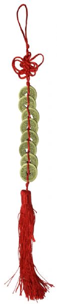 Authentic Feng Shui 8 Coin Set tied with a red ribbon, symbolizing wealth, prosperity, and positive energy for your space.