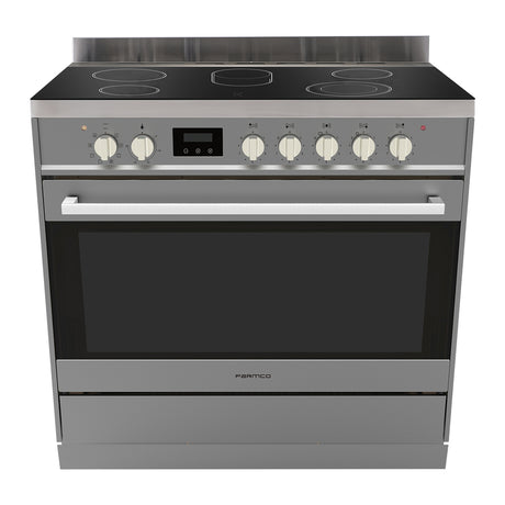 900mm stainless steel freestanding stove with ceramic cooktop, 123L oven, 8 cooking functions, and triple-glazed door.