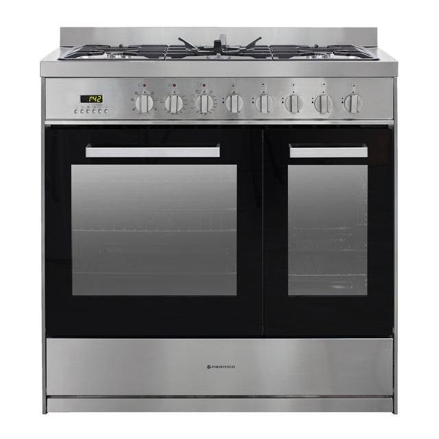 Stainless steel Parmco 900mm freestanding stove with 1.5 ovens, gas cooktop, and A-level energy efficiency.