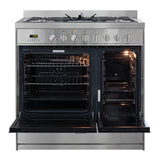 Stainless steel Parmco 900mm freestanding stove with 1.5 ovens, gas burners, and multiple cooking functions for versatile cooking.