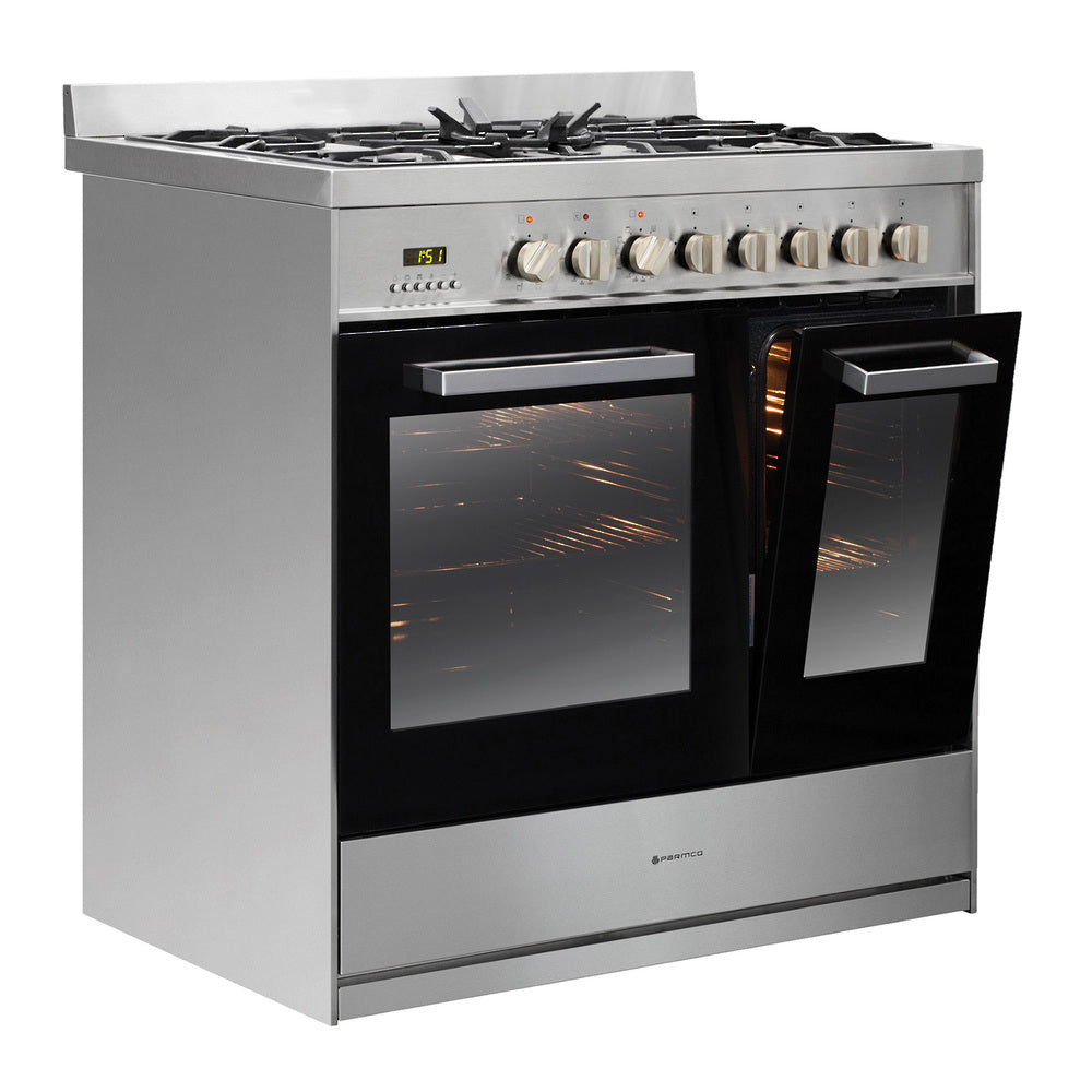 Stainless steel Parmco 900mm freestanding stove with 1.5 ovens, gas cooktop, eight functions, and energy-efficient design.