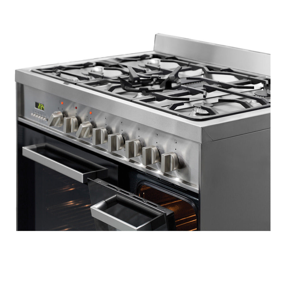 Sleek stainless steel 900mm Parmco freestanding stove with dual ovens, gas burners, and advanced cooking functions.