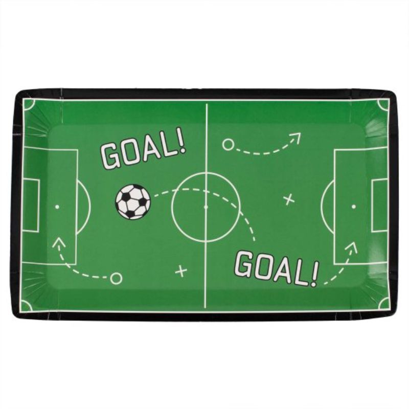 Set of 8 eco-friendly paper plates featuring a vibrant football pitch design, perfect for game day celebrations.