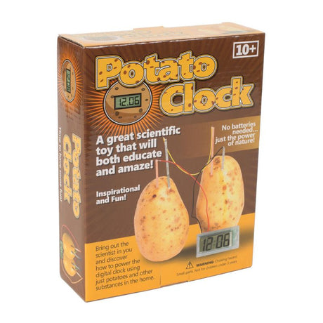 Educational Potato Clock by 4M allows kids to power a digital clock using potatoes, promoting STEM learning without batteries.