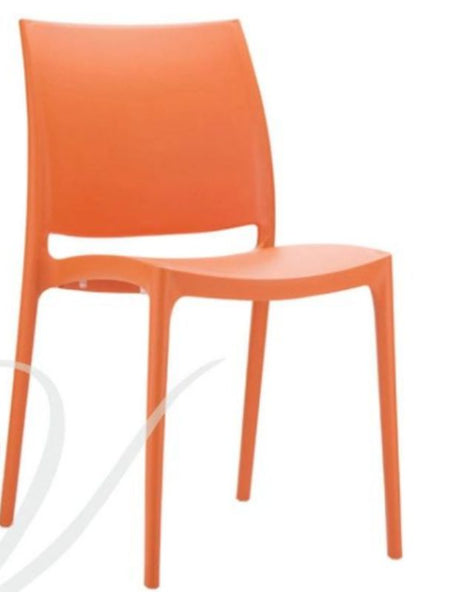 Vibrant Maya Orange Chair (81cm) for outdoor spaces, featuring durable fibreglass construction and stackable design.