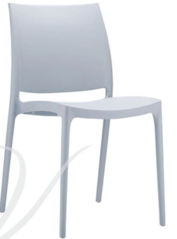 Maya Silver Grey chair, 81cm tall, durable polypropylene, stackable, weather-resistant, perfect for outdoor spaces.