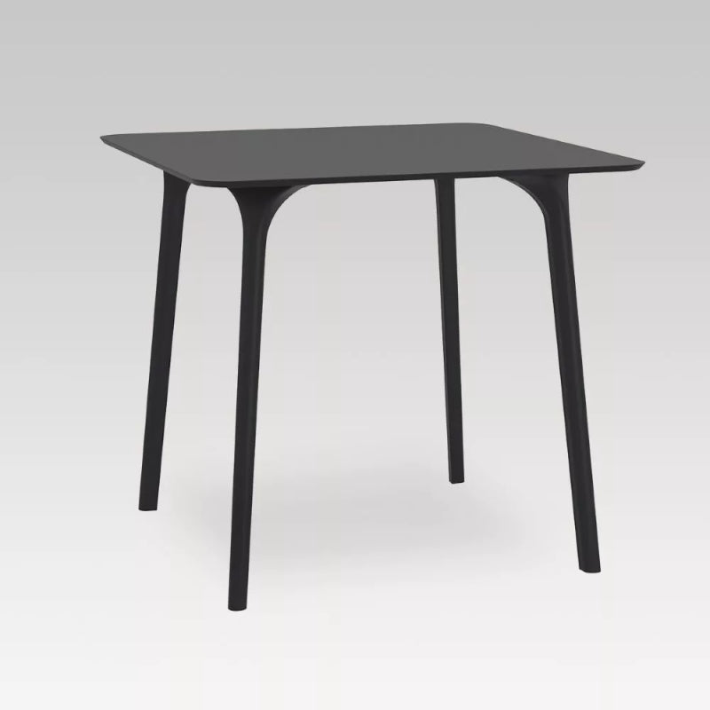 Compact black table with 80 x 80cm HPL laminated top and durable thermoplastic legs for indoor and outdoor use.