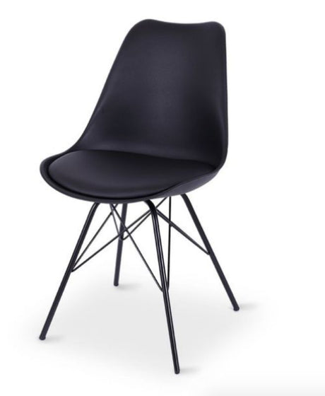 Sleek black dining chair with padded seat and architectural base, perfect for modern dining rooms, 86cm tall.