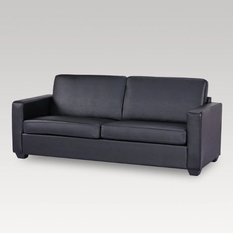 Black 3-seater PU sofa with removable cushion covers, foldable back, durable frame, and high-density foam for comfort.