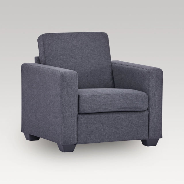 Stylish charcoal fabric chair with durable polyester upholstery, foldable back, and removable cushions for easy maintenance.