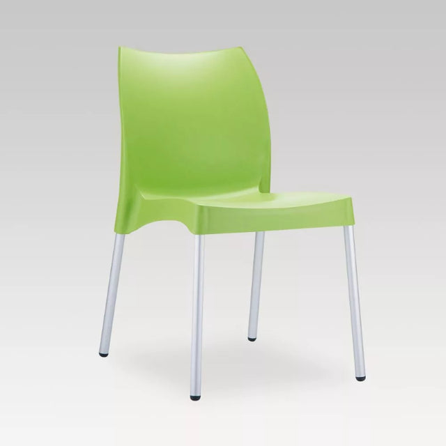 Light green stacking chair with ergonomic design, made from recyclable polypropylene and anodized aluminum legs for indoor and outdoor use.