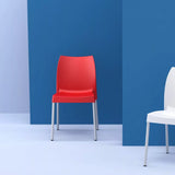 Vita Chair in vibrant red features a recyclable polypropylene seat, sleek aluminium legs, perfect for indoor and outdoor use.