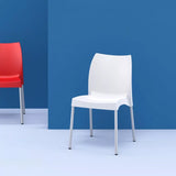 Vita Chair in White: eco-friendly, stylish stacking chair for indoor/outdoor use, featuring durable aluminium legs.