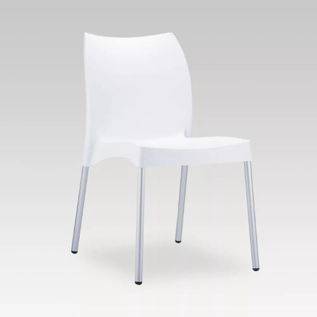 Vita Chair in White: eco-friendly stacking chair with polypropylene seat, aluminum legs for indoor/outdoor elegance.