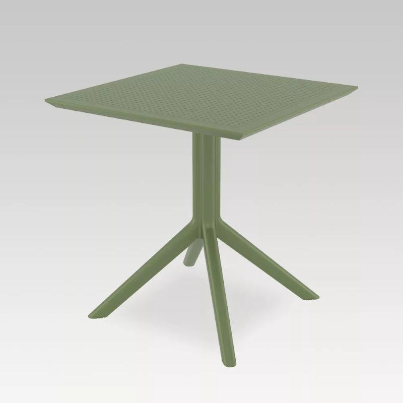 Olive green Sky table, 70x70cm, weather-resistant resin, sturdy frame, for indoor/outdoor use, UV protection, disassembles easily.