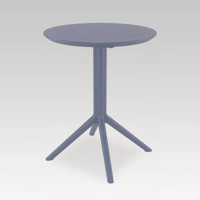 Round folding table in dark grey, crafted from weather-resistant resin with a sturdy metallic frame for indoor and outdoor use.