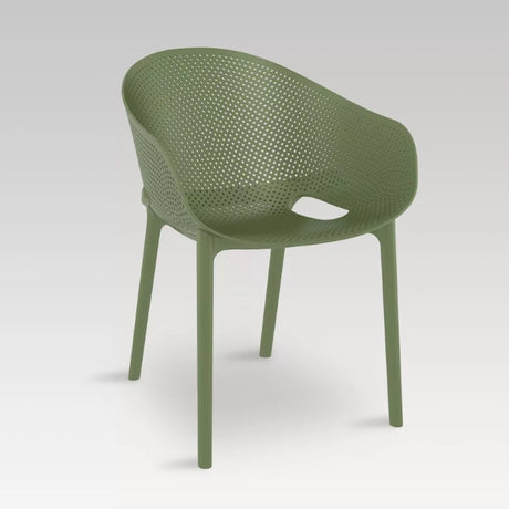 Stylish olive green armchair, 81cm tall, stackable design for indoor/outdoor use, crafted from durable, eco-friendly materials.