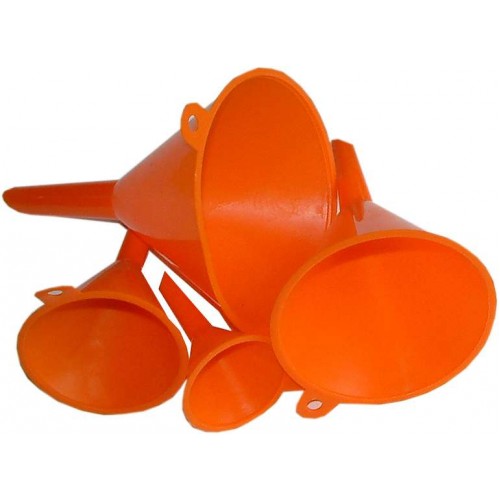 Xcel 4-piece plastic funnel set in sizes 50mm, 75mm, 95mm, and 115mm, ideal for transferring liquids and dry ingredients.