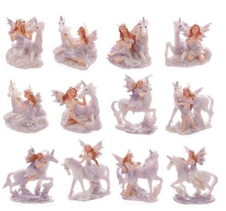 A set of 12 assorted lilac glitter fairy and unicorn figures, enhancing imaginative play and magical storytelling.