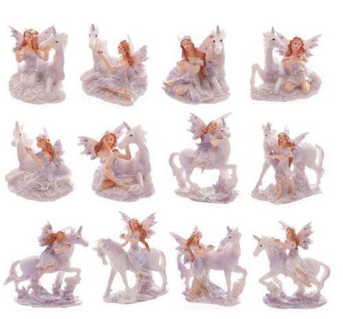 A set of 12 assorted lilac glitter fairy and unicorn figures, enhancing imaginative play and magical storytelling.