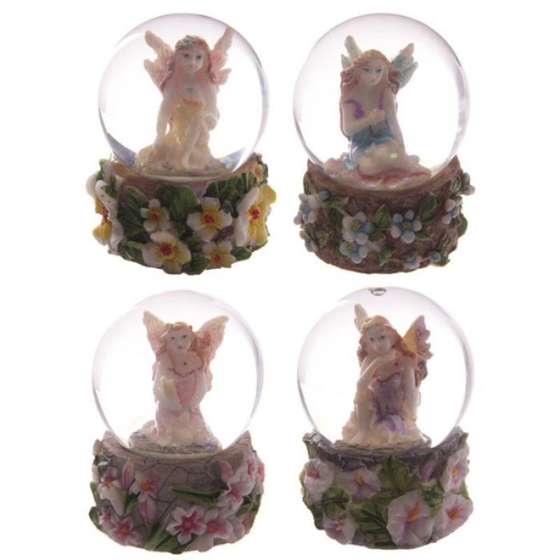 Miniature fairy snow globe at 6cm, featuring whimsical figurines and enchanting scenery for charming home decor.