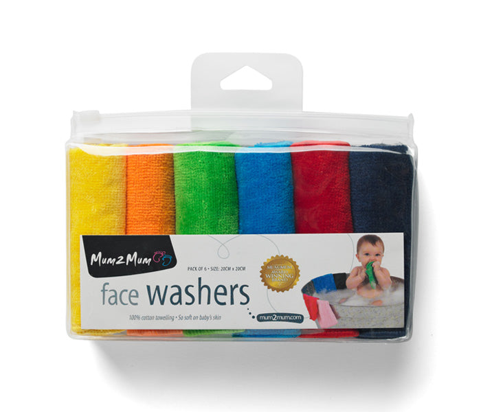 Bright Pack of 6 face washers, 20cm cotton towels, soft and absorbent, ideal for baby care and cleanup.