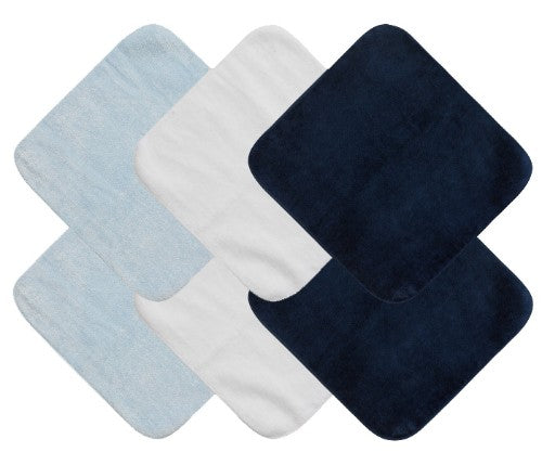 Colorful 100% cotton face washers for boys; pack of 6, perfect for bath time, mealtime cleanup, and easy for little hands.
