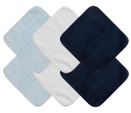 Colorful 100% cotton face washers for boys; pack of 6, perfect for bath time, mealtime cleanup, and easy for little hands.