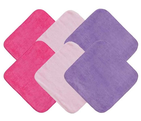 Colorful cotton face washers in a pack of six, perfect for keeping babies clean during bath time or meals.