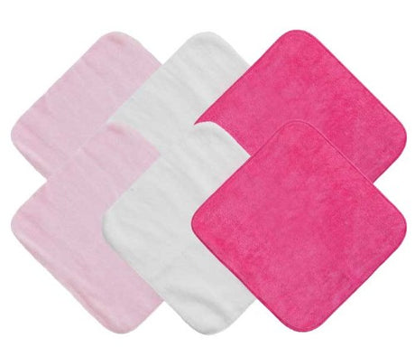 Set of six colorful cotton face washers for girls, perfect for bath time and gentle on delicate skin.