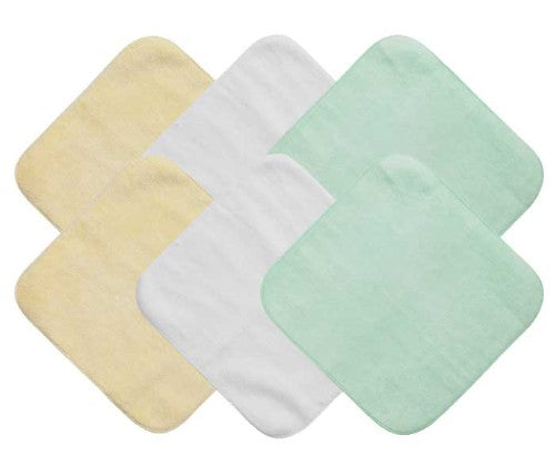 Soft pastel face washers, ideal for baby's hygiene, made of 100% cotton, pack of 6, each 20cm x 20cm.