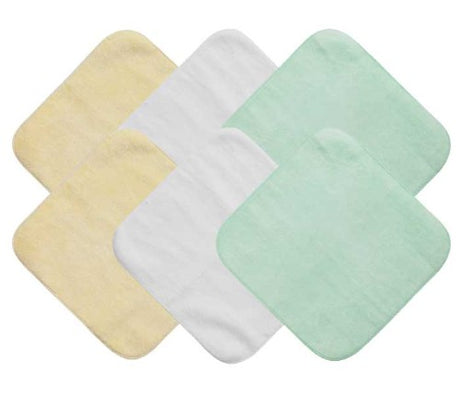 Soft pastel face washers, ideal for baby's hygiene, made of 100% cotton, pack of 6, each 20cm x 20cm.