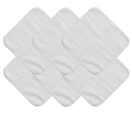 Six premium white cotton face washers, 20cm x 20cm, soft, absorbent, ideal for baby care and daily hygiene.