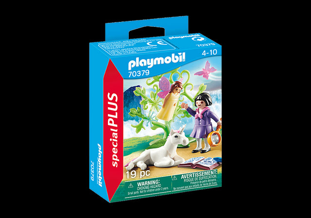 Playmobil Fairy Researcher figure with magnifying glass and book, perfect for imaginative play and exploring fairy tales.