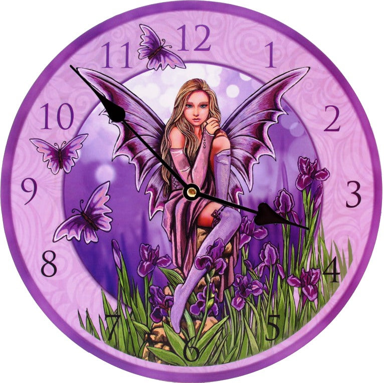 Wooden wall clock featuring Lisa Parker's fairy artwork, 30cm diameter, ready to hang, in a gift box.