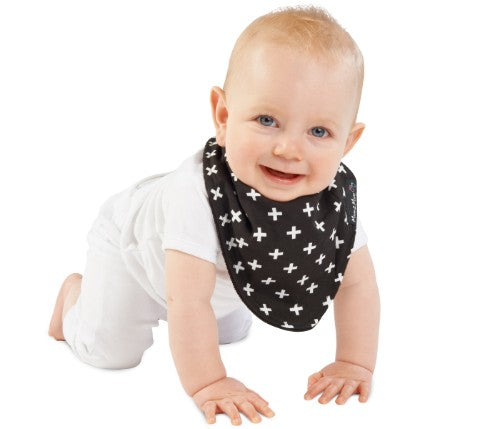 Reversible black bandana bib with stylish print, featuring waterproof and super absorbent layers for infants 4 months to 3 years.