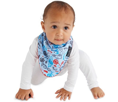 Fashion Bandana Wonder Bib in vibrant red with boy print; reversible, waterproof, and super absorbent for stylish baby wear.