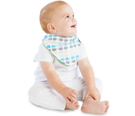 Vibrant elephants on a lime background, reversible baby bib designed for style and mess-free feeding.